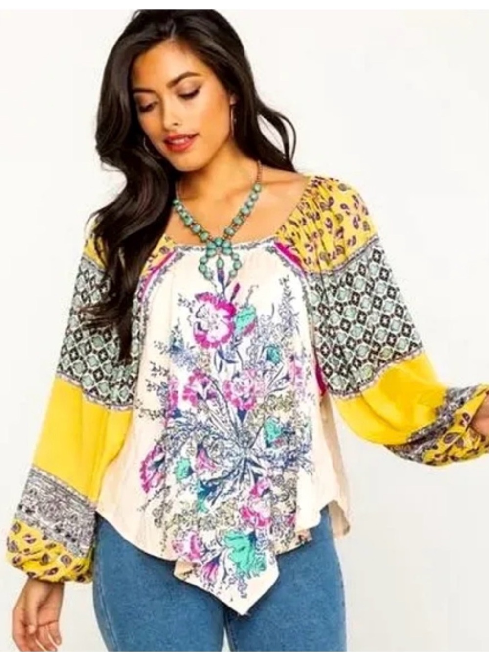 Free People Yellow Flowey Floral Mixed-Print Handkerchief Hem Blouse Size XS